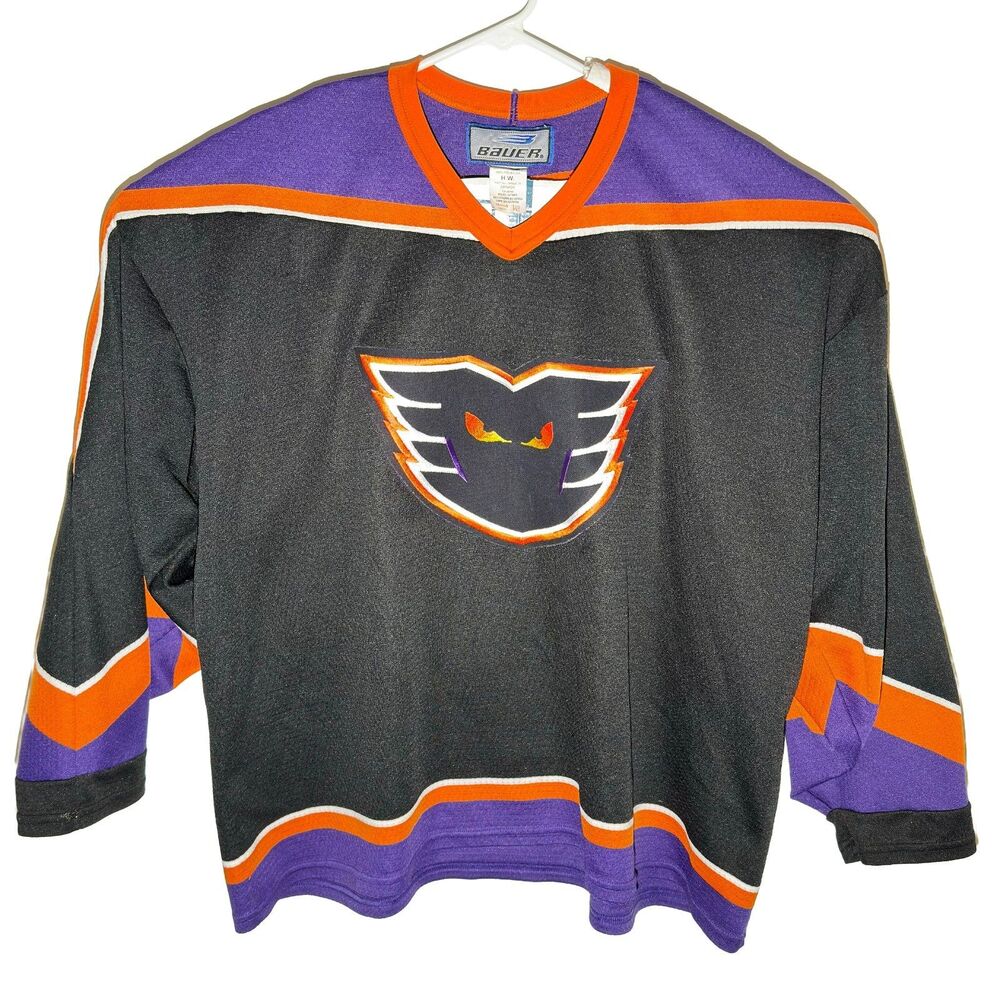 Vintage AHL Philadelphia Phantoms Bauer Hockey Jersey XXL Black Purple #5 EUC